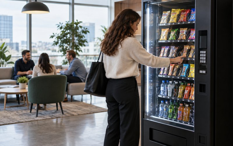 İş yerinde paketli yiyecek ve içecek sunan snack otomatı