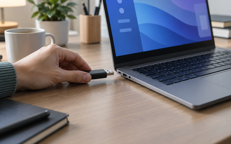 Bilgisayara bağlanmak üzere olan USB bellek