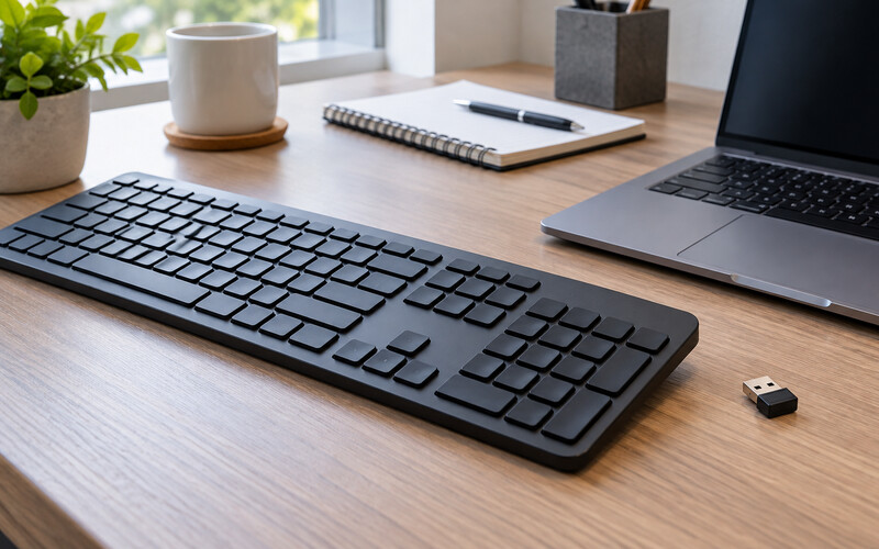 Masa üzerinde kablosuz klavye ve küçük USB alıcı