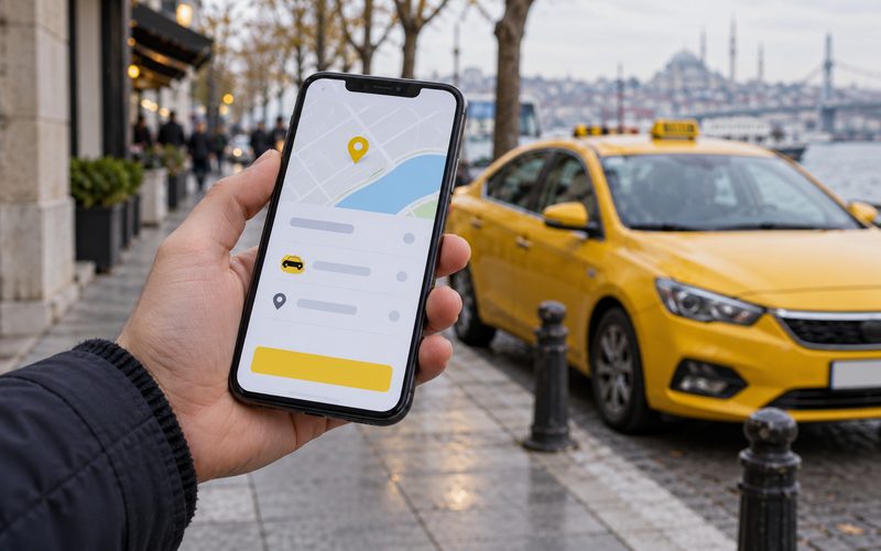 Sarı taksinin önünde telefonda taksi hizmeti ekranına bakan kişi