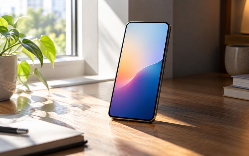 Farklı ışık koşullarında parlaklığı değişen markasız akıllı telefon ekranı