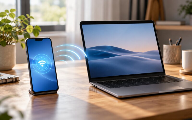 Dizüstü bilgisayara kablosuz internet paylaşan markasız akıllı telefon
