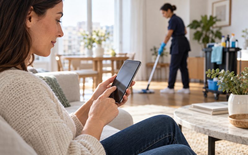 Aydınlık evde telefon kullanan kişi ve arka planda çalışan temizlik görevlisi