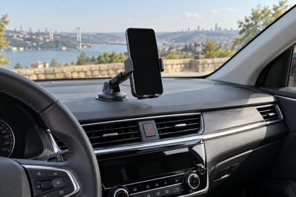 Otomobil içinde güvenli konuma yerleştirilmiş telefon tutucu