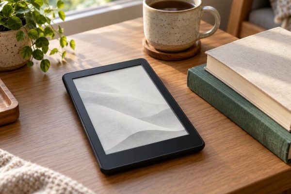 Kitapların yanında duran markasız bir e-kitap okuyucu