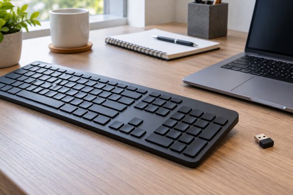 Masa üzerinde kablosuz klavye ve küçük USB alıcı