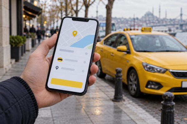 Sarı taksinin önünde telefonda taksi hizmeti ekranına bakan kişi