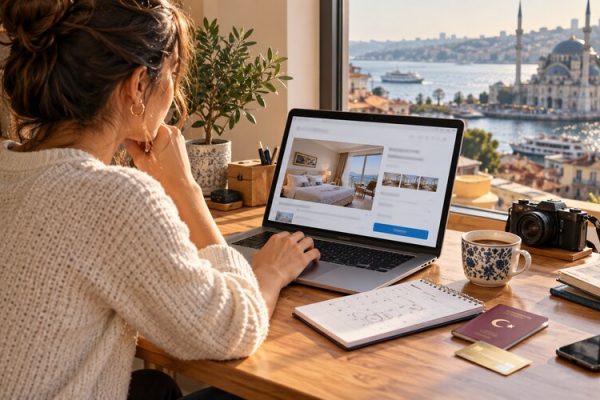 Otel rezervasyonu iptal koşullarını inceleyen gezgin