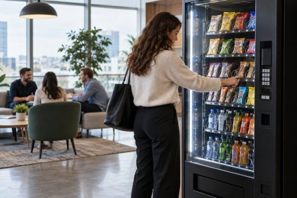 İş yerinde paketli yiyecek ve içecek sunan snack otomatı