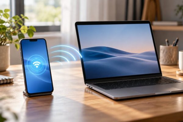 Dizüstü bilgisayara kablosuz internet paylaşan markasız akıllı telefon