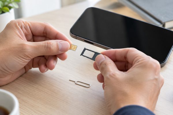 SIM kart tepsisini dikkatle kontrol eden telefon kullanıcısı