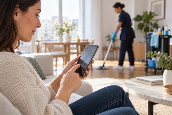 Aydınlık evde telefon kullanan kişi ve arka planda çalışan temizlik görevlisi