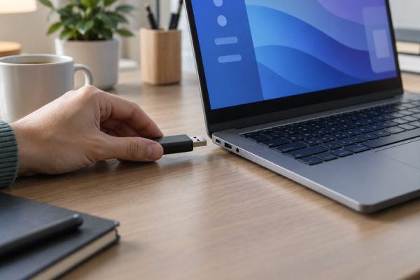 Bilgisayara bağlanmak üzere olan USB bellek